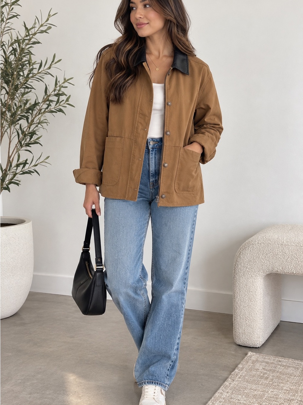 Brand New Thread & Supply Zola Barn Jacket Toasted Coconut Faux Leather Collar M
